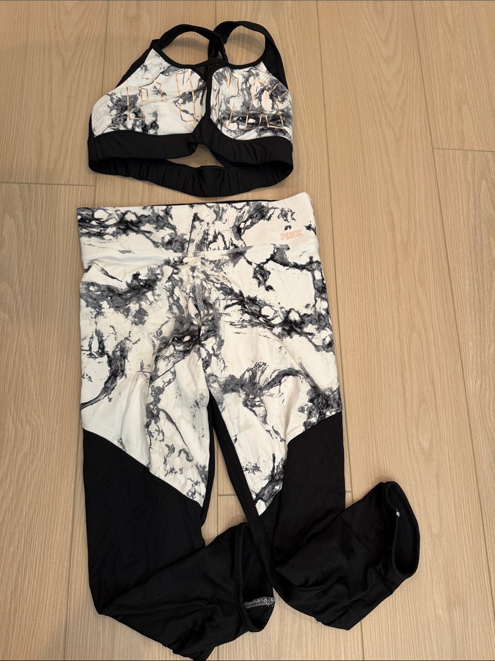 PINK Victoria's Secret Black & White Marble Leggings and Sports Bra Set